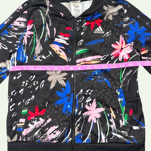 Adidas Girl's Black Floral Print Track Zip Up Jacket - Picture 5 of 7
